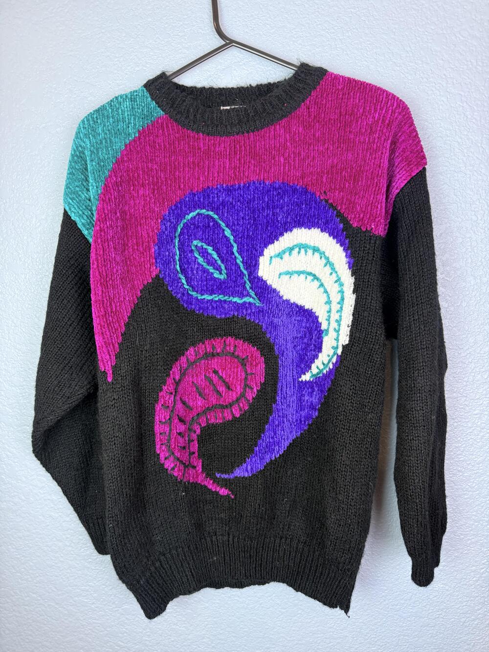 Vintage Design Zone Sweater Womens Medium Black Multicolor Paisley Graphic 80s